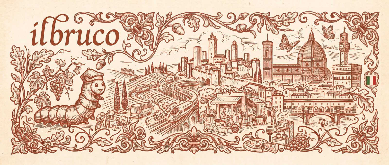 il bruco: a caterpillar in a cap beside Tuscan hills, a train, a cafe, and Florence